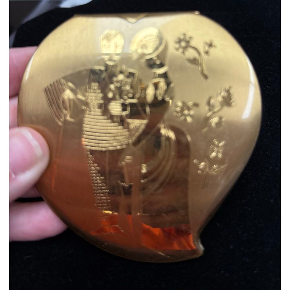 Vintage Elgin American Heart Shaped Powder Compact Mirror Gold Tone Couple